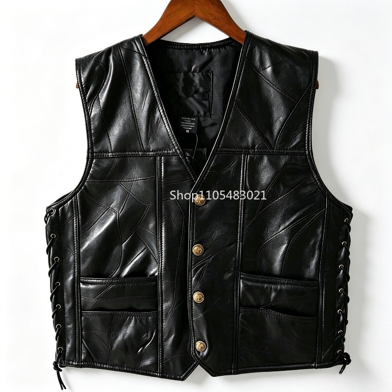 Motorcycle Gear Vest - 남성용 블랙 패치워크 가죽 바이커 조끼,